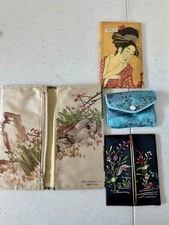 VTG JAPAN SILK EMBROIDERED Wallets, Coin Purse, Tissue Holder Mirror SET OF 4