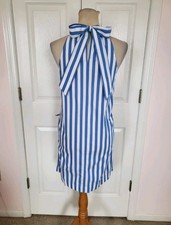 J. CREW Halter Dress~Ties In Bow, Blue/White Vertical Stripe Pattern (size 0/S)