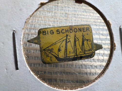 Big Schooner Vintage Tin Litho Tobacco Tag Ship Yellow