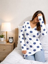 Women Floral Print Long Sleeve V Neck Tunic Top Casual Soft T Shirt White Blue Women Floral Print Long Sleeve V Neck Tunic Top Casual Soft T Shirt White Blue