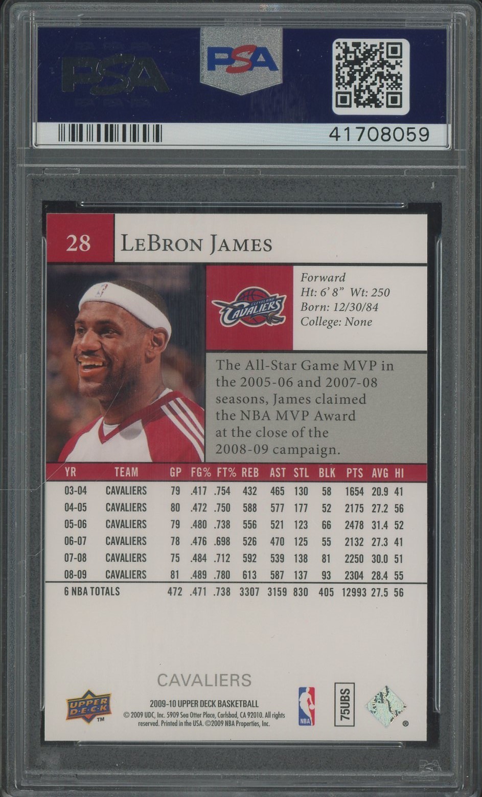 2009 Upper Deck #28 LeBron James Cleveland Cavaliers PSA 10 GEM MINT view 2