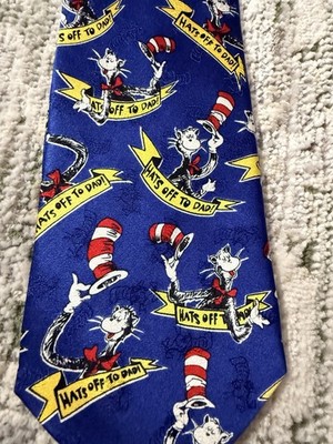 VTG 1996 Dr Seuss Silk Hats Off To Dad Blue Novelty Necktie Tie CAT IN THE HAT