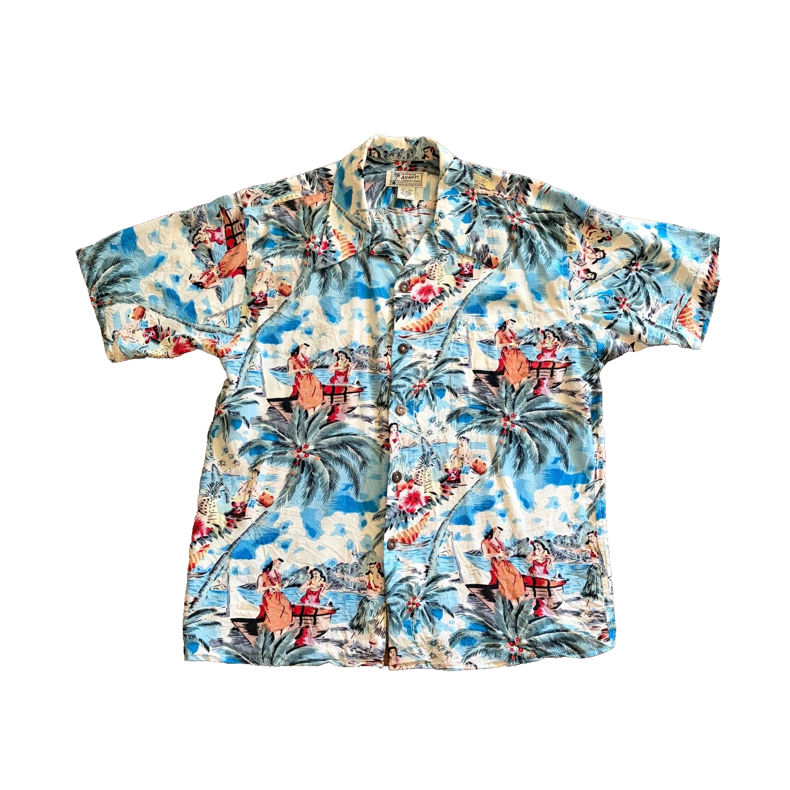 Vtg Original Avanti Silk Hawaiian Shirt Mens M Hula Girls Aloha Tropical Camp