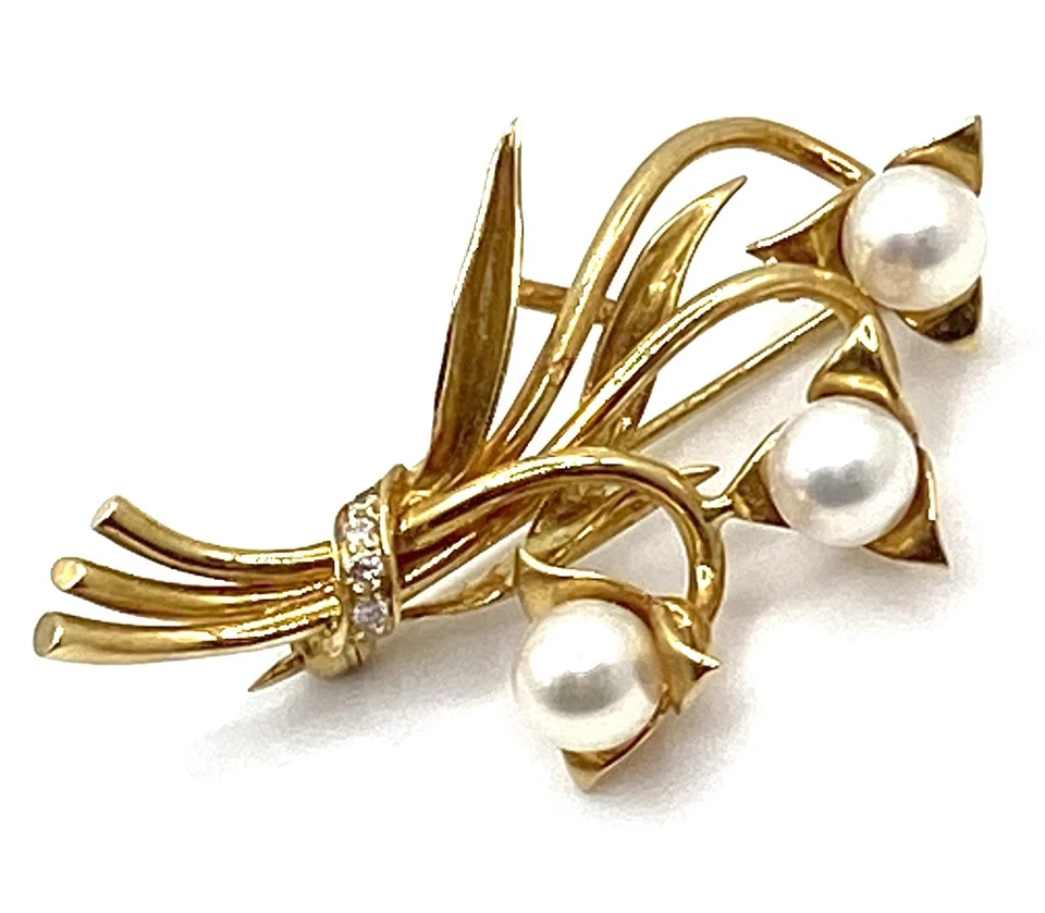 Broche de diamantes TIFFANY & Co. perlas Akoya de 5,6 mm oro amarillo de 18 quilates / 750 Foto 4 de 4