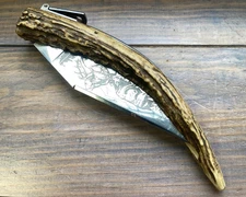 Ancien Couteau LT37CM PALME  BOIS DE CERF LAME DÉCOR CHASSE VINTAGE KNIFE MESSER