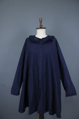PRIVATSACHEN Gartender Navy Solid Cotton Ruffle Long Sleeve Smock Dress Size 1