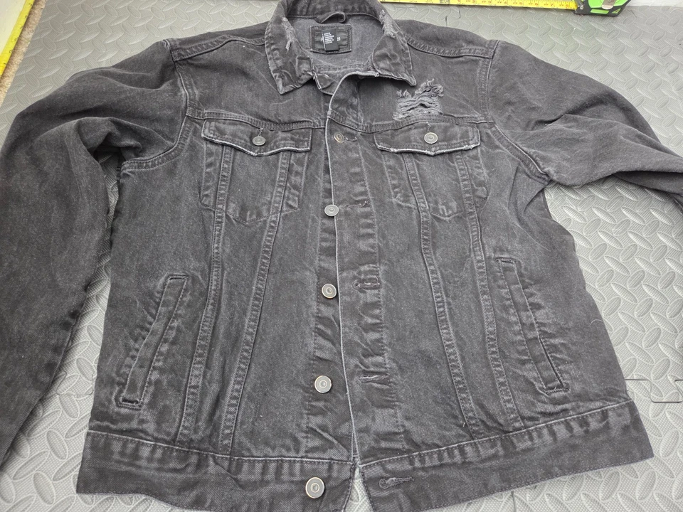 Chaqueta de camionero de mezclilla para hombre Forever 21 negra grande manga larga envejecida #S172 Foto 2 de 4