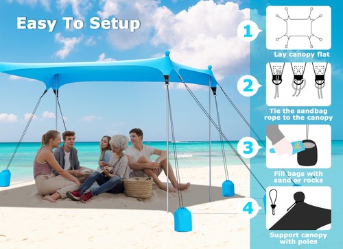 Beach Tent Sun Shelter with 8 Sandbags, UPF50+ Protection & Windproof Pop Up ... - Picture 7 of 7