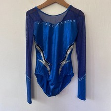Balera Glitter Mesh Metallic Leotard Large Childs Blue Long Sleeve Dance Gymnast