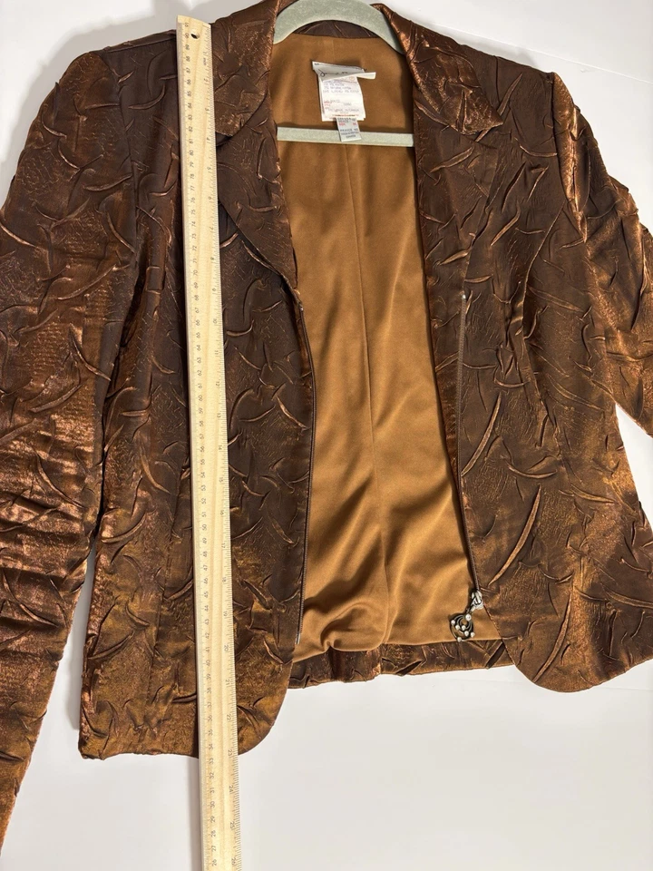 Joseph Ribkoff Vintage Y2K Bronze Metallic Textured Zip Jacket Womens 10 Ruched - Image 2 of 4