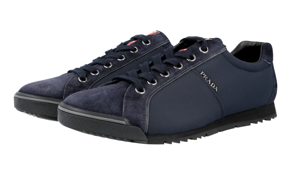 PRADA SNEAKERS SHOES NAVY BLUE SUEDE NYLON RED STRIPE NEW US