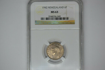 New Zealand: 1942 6 Pence- NGC MS-63.  Lovely.