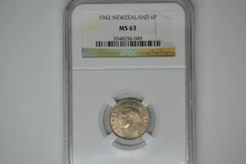 New Zealand: 1942 6 Pence- NGC MS-63.  Lovely.