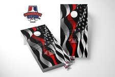 American Flag Wavy Black and White Thin Red Line Cornhole Board Vinyl Wrap Set