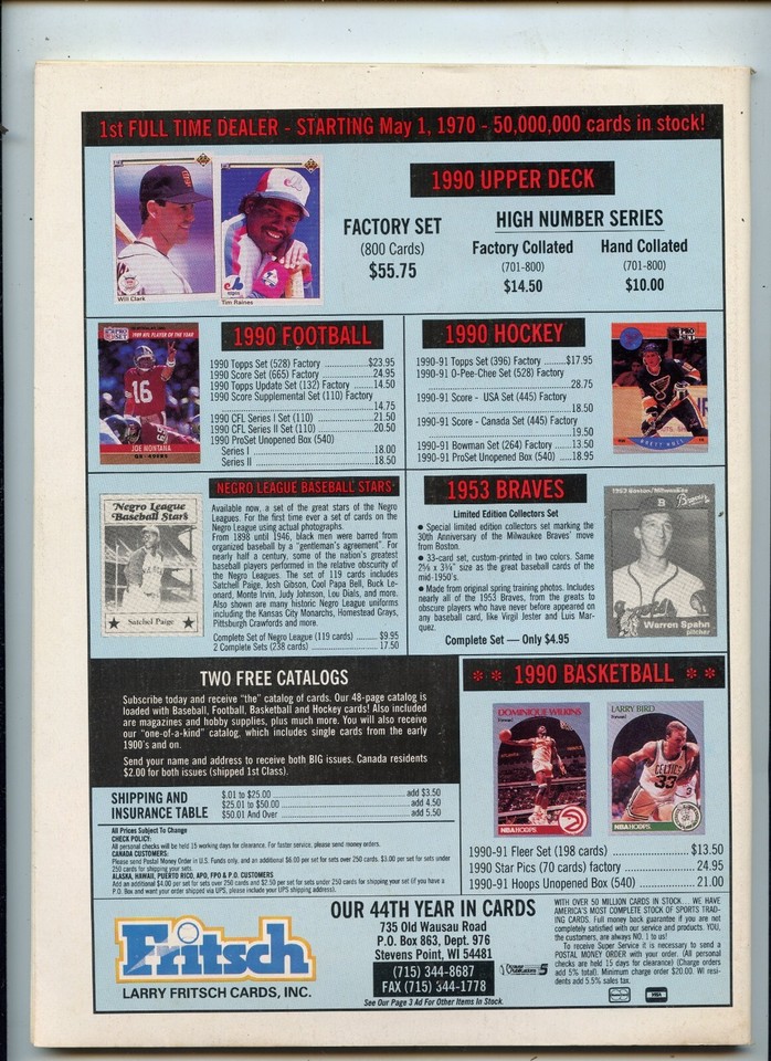 Baseball Card Price Guide Magazine March 1991 Including 5 Cards Bonds