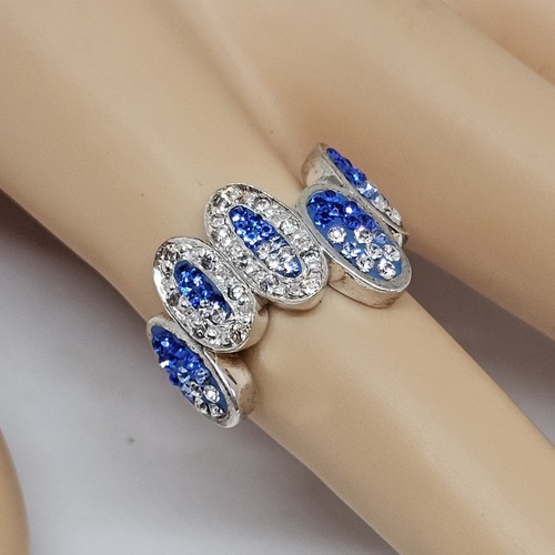925 Sterling Silver Blue & White Crystal Pave Cocktail Ring Size 7 - Picture 2 of 14