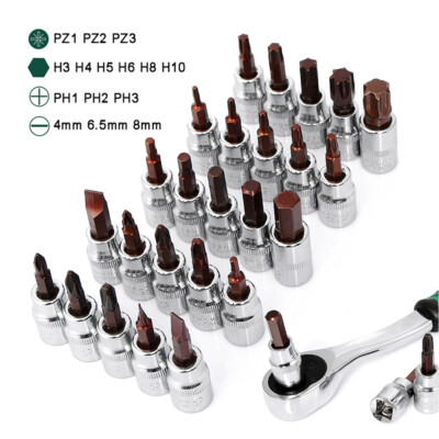 Impact Torx,Hex,Cross,Slot,Pozi Bit 3/8'' Drive Socket Ratchet Screwdriver Bits