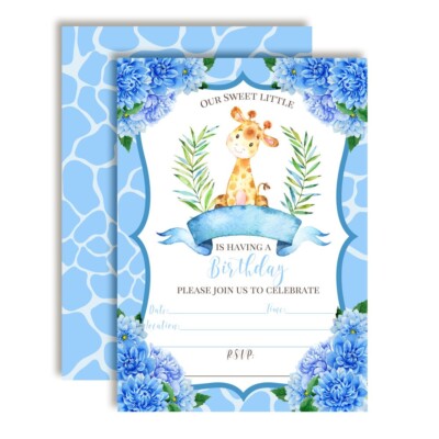 Blue Watercolor Giraffe Birthday Party Invitations for Kids set of 10