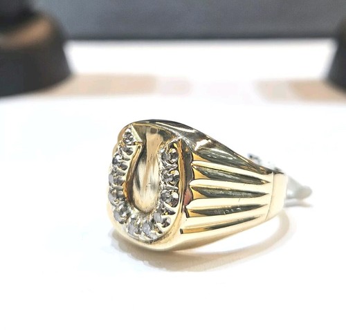 Lucky 10K Yellow Gold 1/4ctw Diamond Horseshoe Signet Ring Sz 10 Equestrian Band - Picture 3 of 11