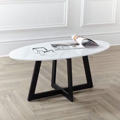 Oval weiß Carrara Marmor 100 cm Stein Couchtisch mit Metallgestell schwarze Beine.