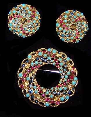 CINER Ruby Sapphire Turquoise Spirals Circle Clip Earrings & Sarah Coventry Pin