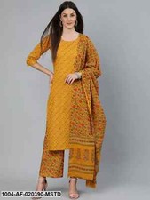 Indian Women Mustard Floral Cotton Printed Kurta With Palazzos  With Dupatta