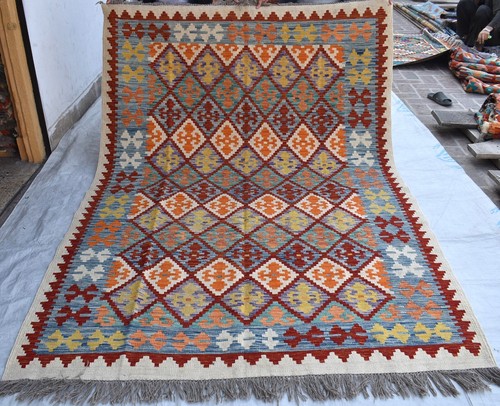 Red Flatweave Afghan Tribal Khotrang Kilim Rug 6x8 ft Geometric Kitchen Area Rug
