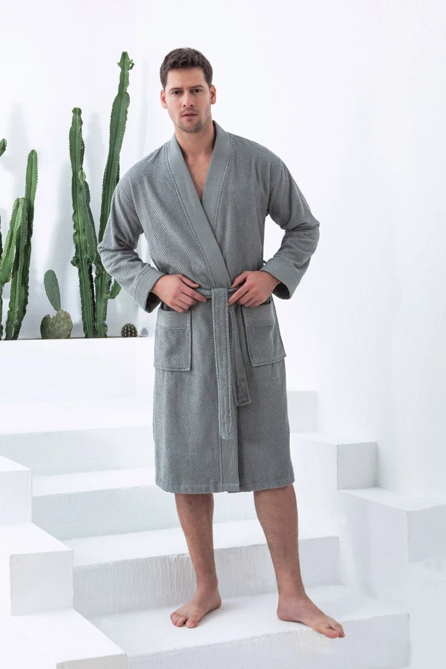 Albornoz kimono de felpa de lujo 100 % algodón turco para hombre SEYANTE tejido de arroz Foto 2 de 4
