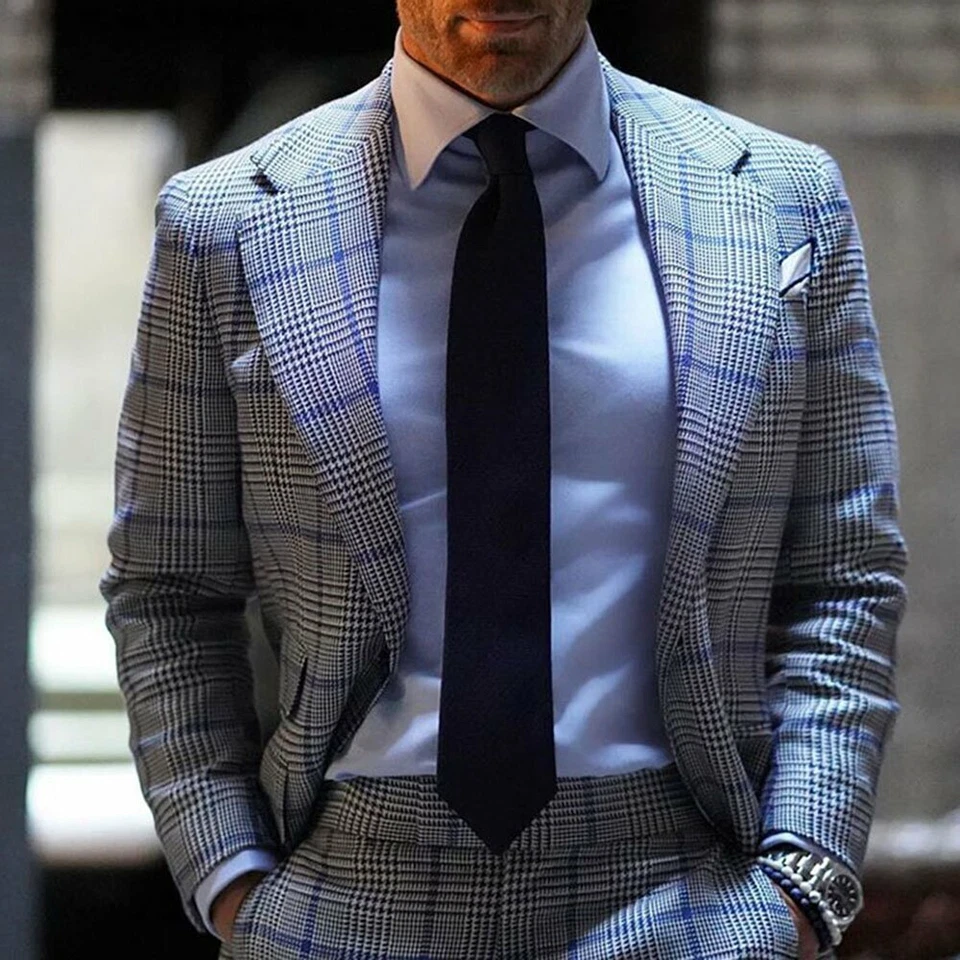 Men Suits Tweed Houndstooth Checkered Suits Formal Business Wide Lapel 2 Pieces - Image 3 of 4