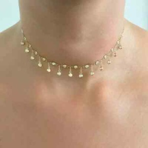 Authentic 3CT Real Moissanite Dainty Dangle Choker 16" Chain 14k Yellow Gold Plated