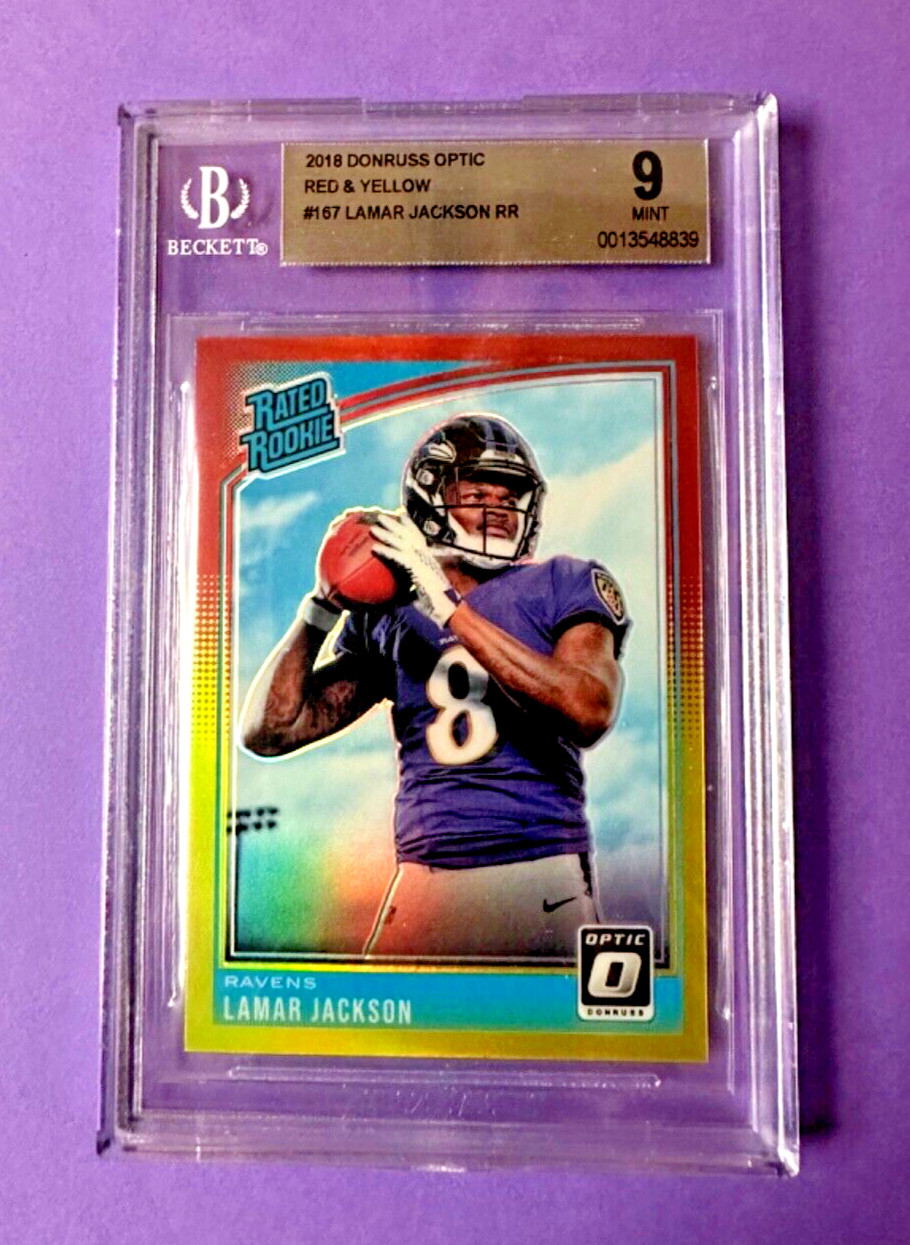 2018 Optic LAMAR JACKSON Rated Rookie Red Yellow HOLO Prizm #167  MinT BGS  9