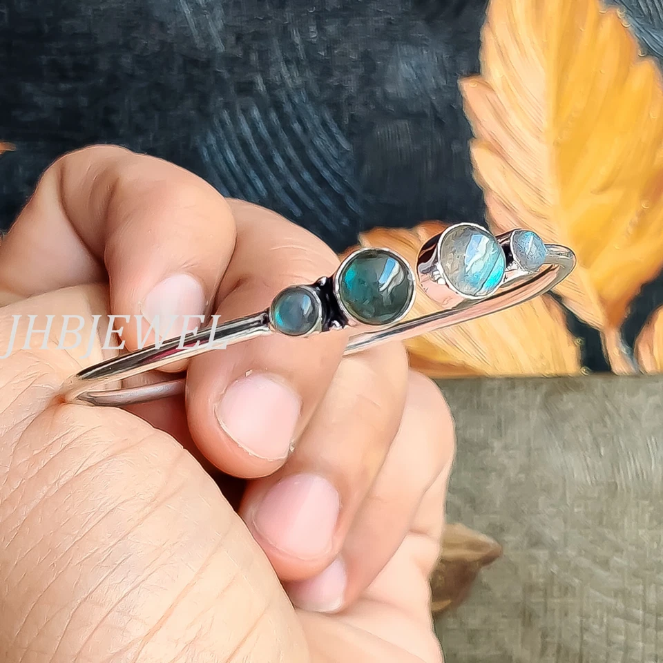 Blue Fire Labradorite Multi Gemstone Cuff 925 Sterling Silver Dainty Bracelet - Image 3 of 4