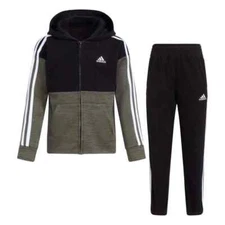 adidas Youth Set Boys Fleece Hoodie PANTS Tracksuit 2pc Black/Green Choose Size
