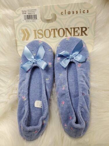 Isotoner NEW Classics Womens Medium Blue Floral Ballerina Ballet Terry Slippers