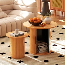 COSVALVE Set of 2 Round Side End Table Nesting Coffee Table Farmhouse w/ Storage