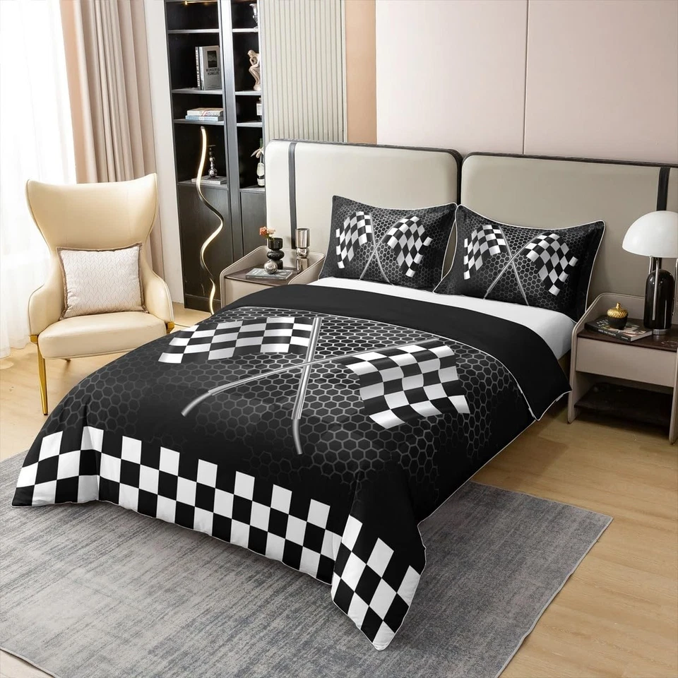 Conjunto de roupa de cama 100% algodão bandeira quadriculada preto branco carro de corrida esportes radicais... - Imagem 2 de 4