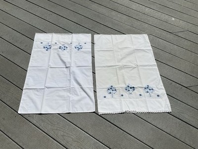 A Set Of Needlepoint Pillow Cases White Cotton Standard Blue Flowers