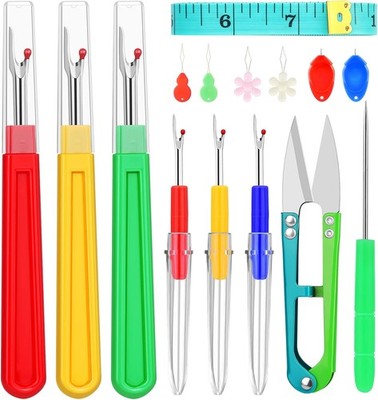Seam Rippers for Sewing, Stitch Remover Tool, Needle Threaders,Tape Measure,15pc