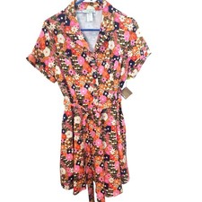 Mod Floral Button Front Belted Shirt Dress XL Retro Indie Boho Vintage Inspired