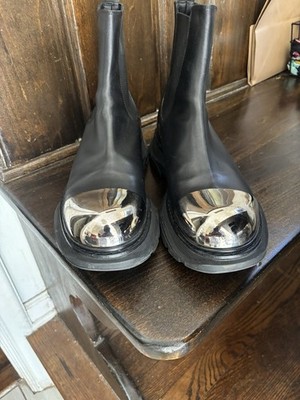 Alexander McQueen Men s Black Chelsea Ankle Boots Silver Metal Toe Rubber Sole