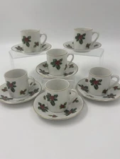 Vintage Lefton Holly Demitasse Cup & Saucer Christmas #1964 Set of 6