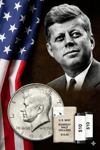 90% Silver 1964 AU Kennedy Half Dollars - Roll of 20 - $10 Face Value