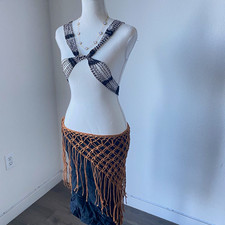 Macrame Belly Dance Fringe Hip Scarf Belt, Tan Crochet Boho