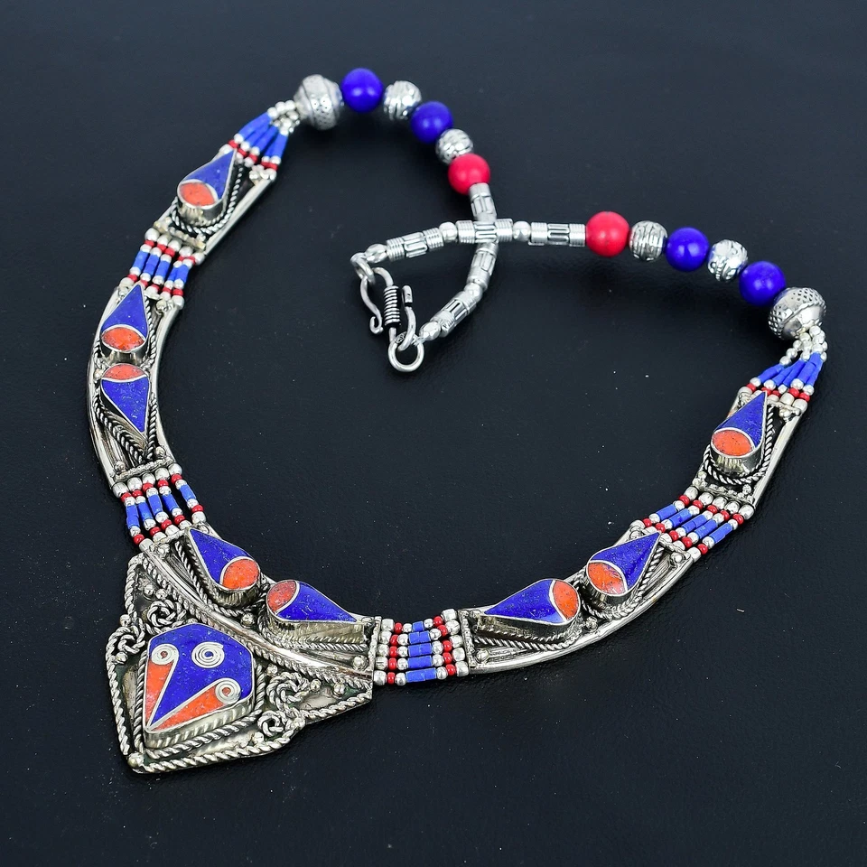 Collana Tibetano Nepalese Argento Sterling 925 Etnico Corallo Rosso... - Immagine 3 di 4