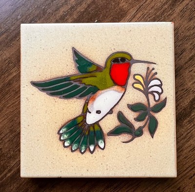 Teissedre Designs Cleo Teissedre Hand Painted Ceramic Glazed Tile 4'' Hummingbird