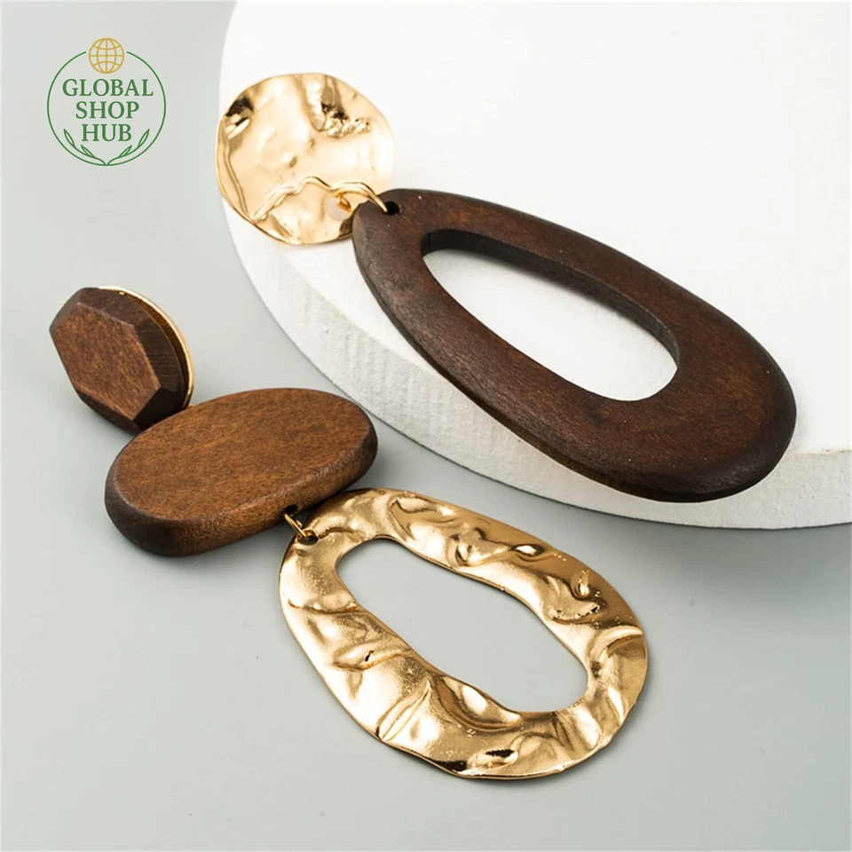 Pendientes colgantes étnicos únicos hechos a mano bohemios enormes vintage de madera natural  Foto 4 de 4