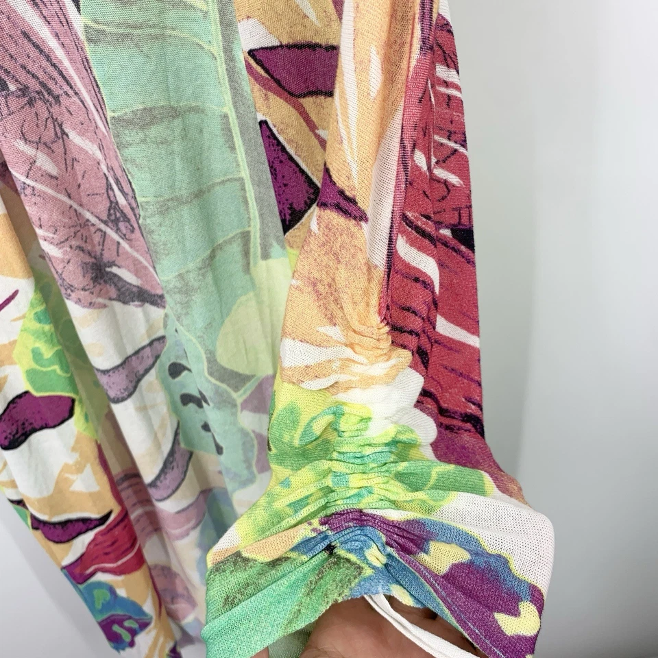 Chicos Women Size 1 Medium Cardigan Open Front Long Duster Top Green Pink Print - Image 4 of 4