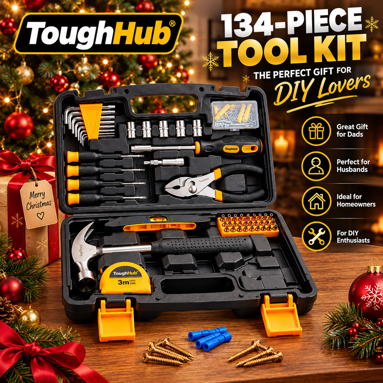 Tool Kit Set ToughHub 134 pcs Yellow with Case General Household DIY Hand Tools