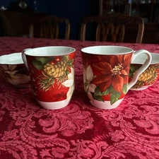 Breakfast Set For 2, 2 Mugs&2 Bowls, 222 FIFTH "POINSETTIA HOLLY", MINT--UNUSED
