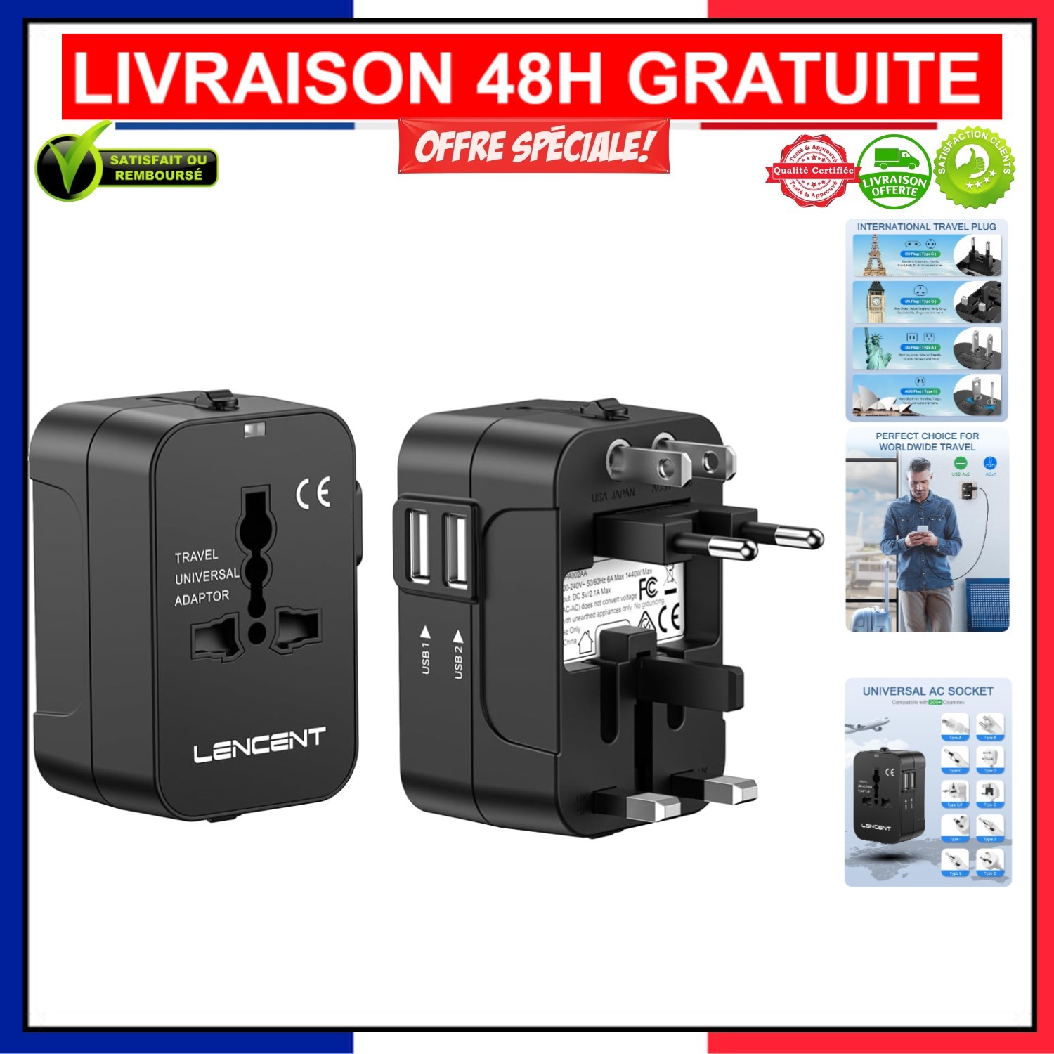 Prise universelle LENCENT avec 3 ports USB pour voyage international noir